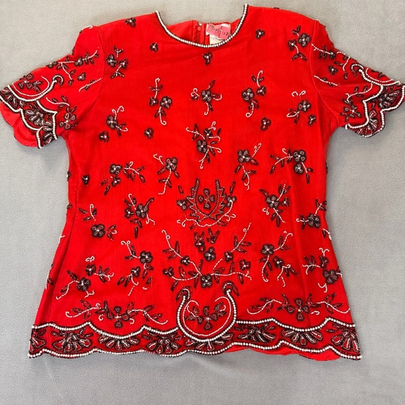Stenay Tops - Stenay Vintage Women's Red Silk Black & White Beaded Formal Top- Size XL